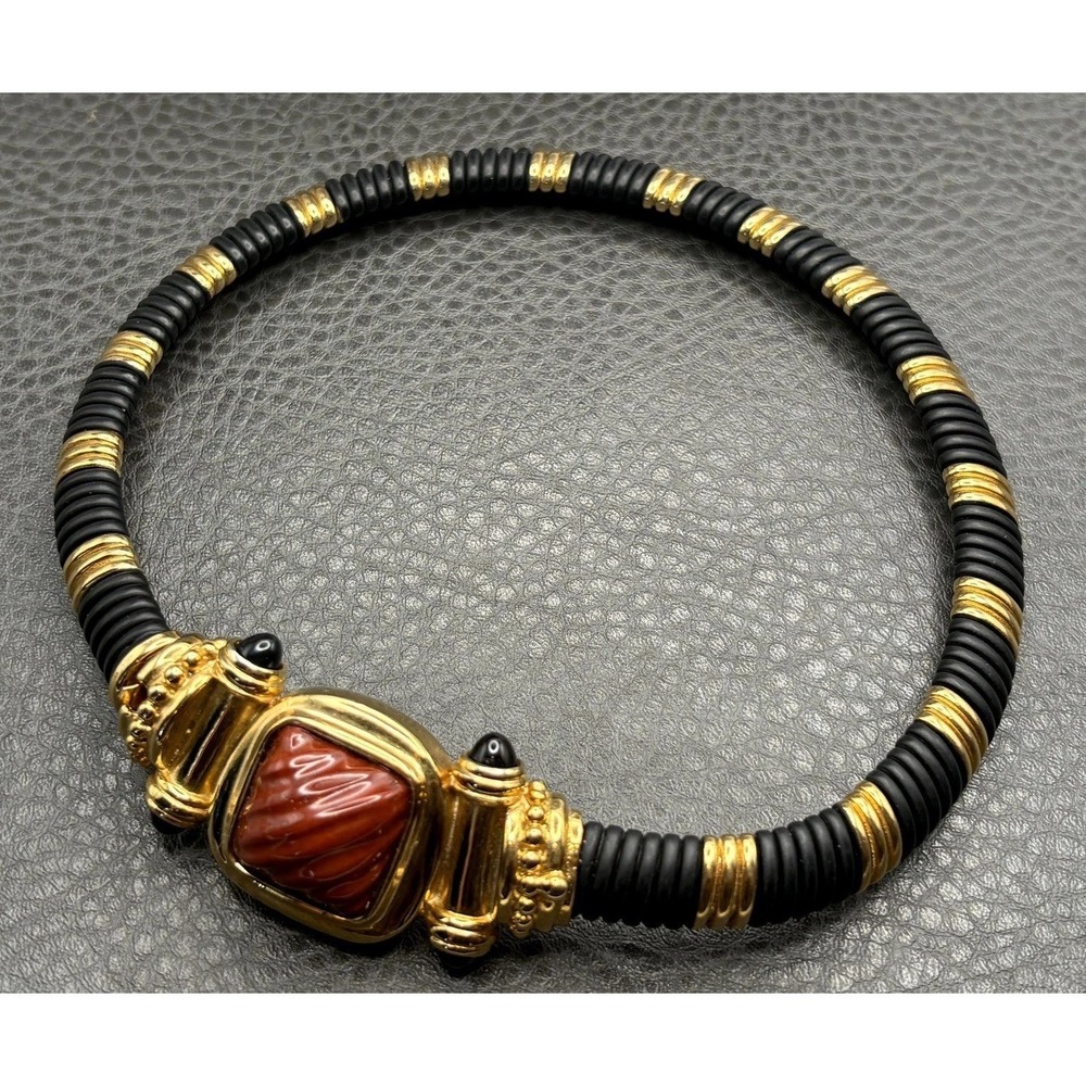 Francesca Romana 80s Vintage Etruscan Style Black Red Glass Omega Necklace 15"